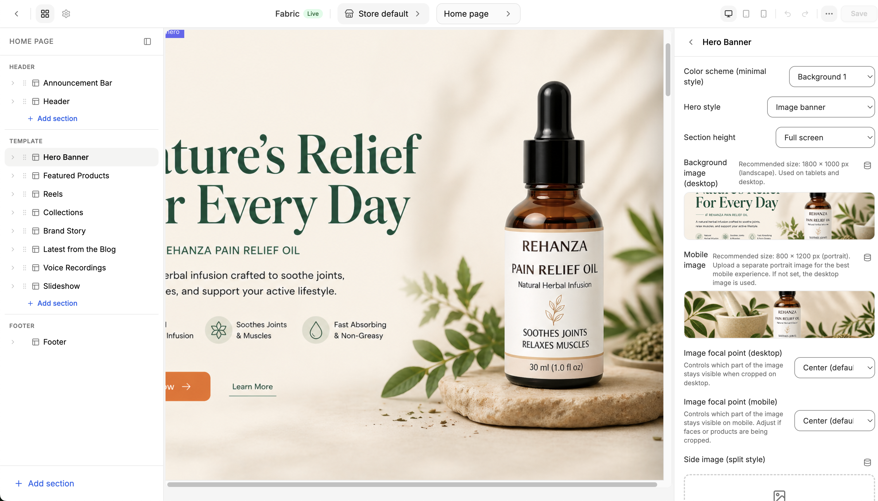The Eekaam theme editor customising a storefront